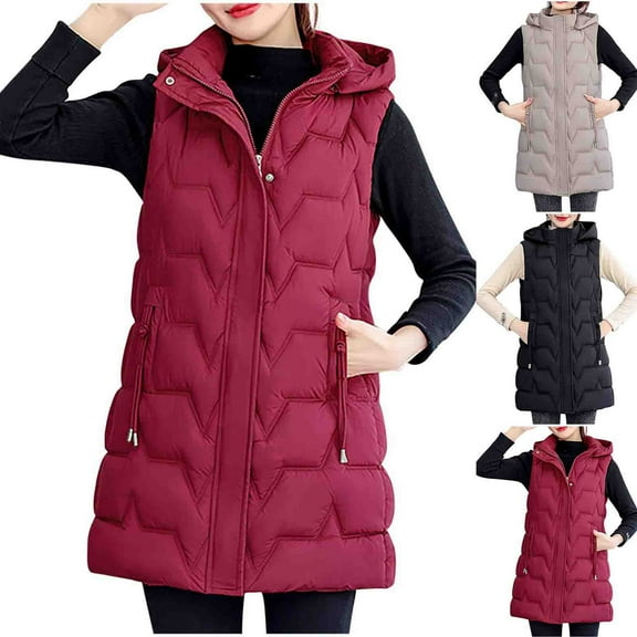 Hvyesh Women's Long Puffer Vest Plus Size Winter Quilted Hooded Sleeveless Jackets Trendy Zip Up Waistcoat Soft Solid Gilet with Pockets