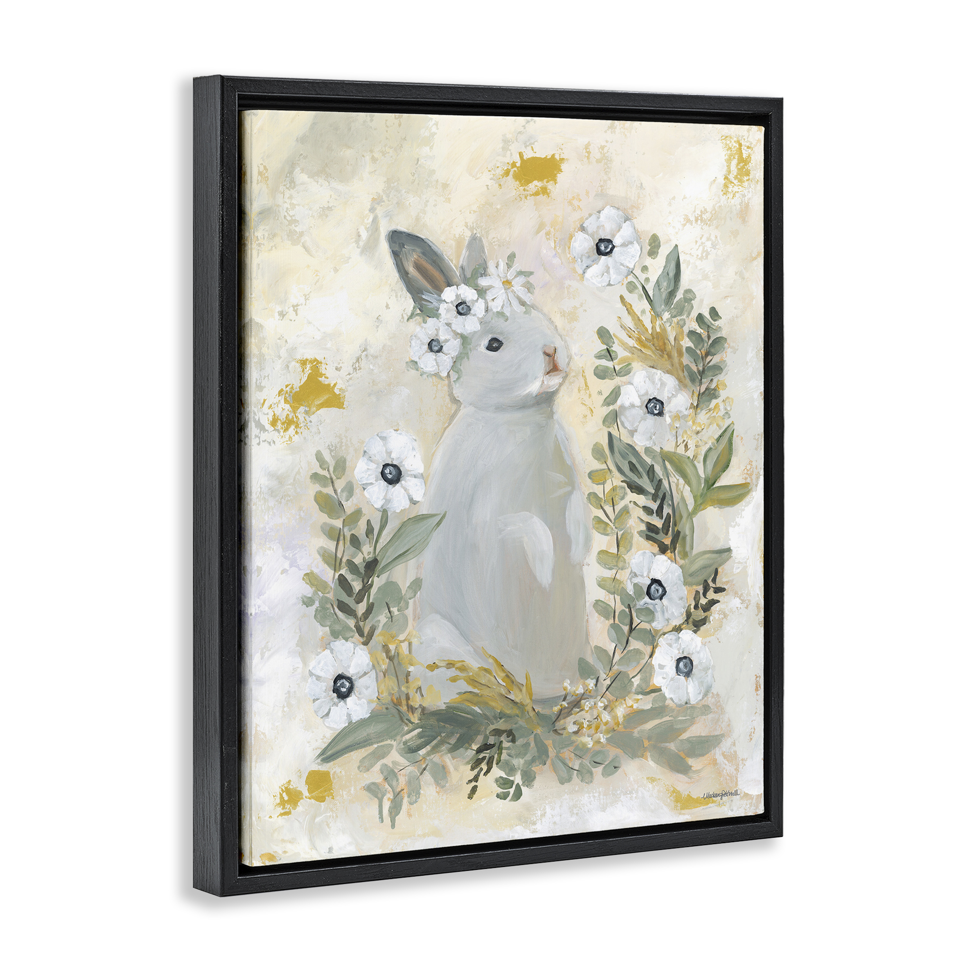 Bunny with White Blooms Black Floating Frame Canvas Art, 17 x 21, Made In USA