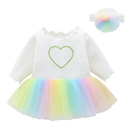 

EUMODR Cotton Dress Baseball Smocked Dress Spring And Autumn Baby Girls Elegant Dress Nice Long-Sleeved Soft Dress With Headband Rainbow Siamese Skirt