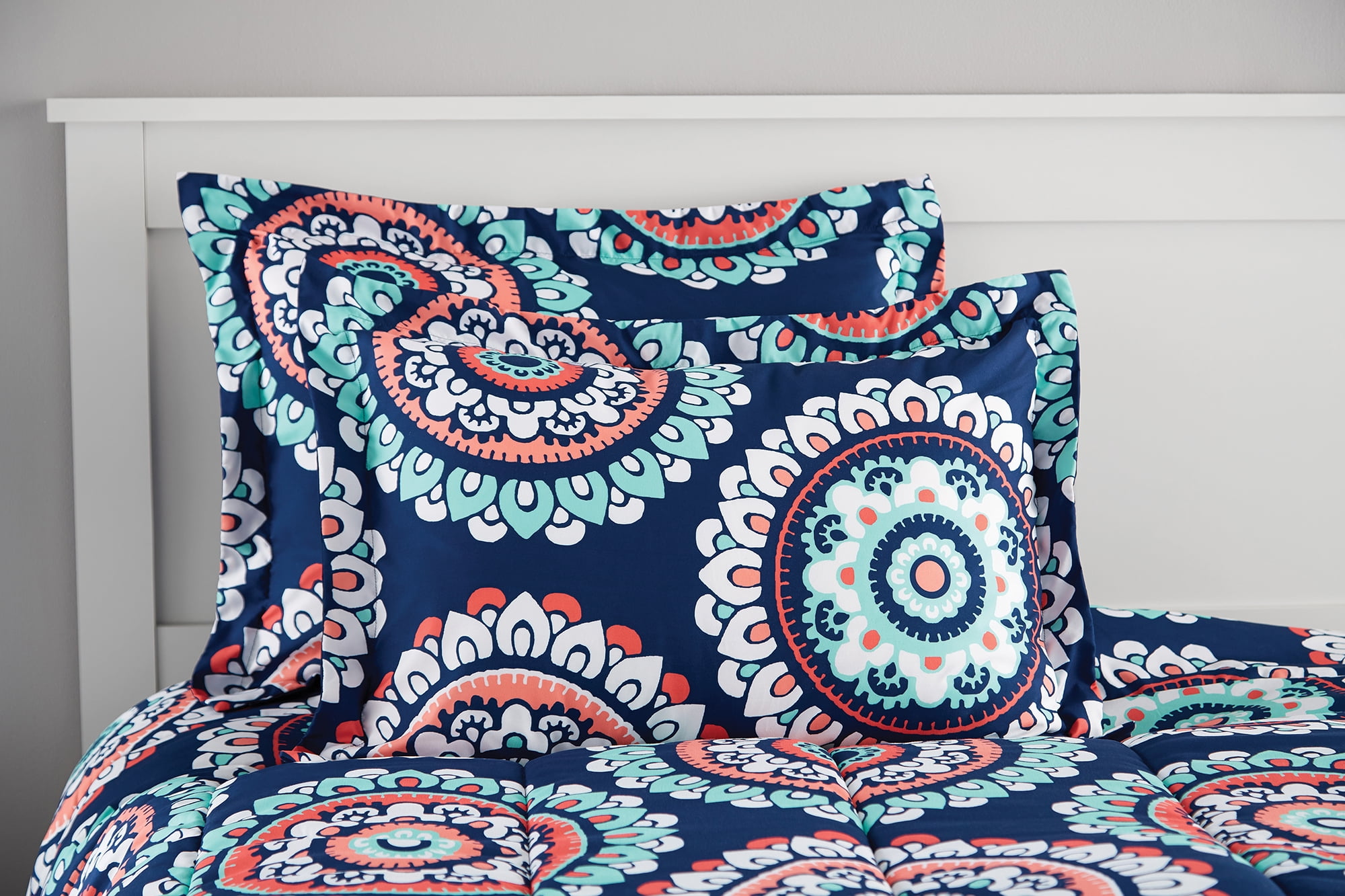 Mainstays 6-8 Piece Navy Medallion Bed in a Bag Set with Sheets, Queen