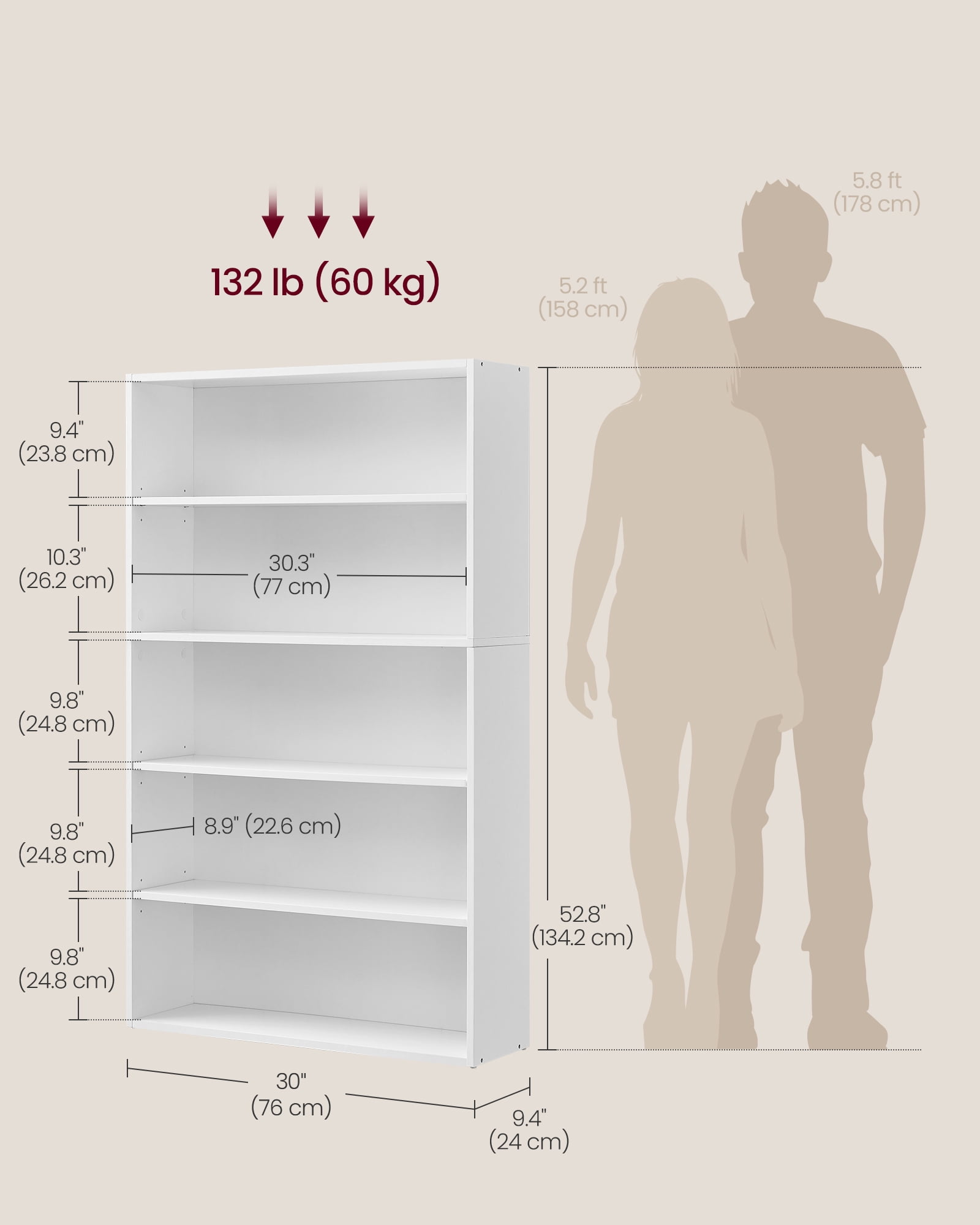 30 Inches Wide 5-Tier Open Bookshelf, Adjustable Storage Shelves, Floor Standing Bookcase in Cloud White