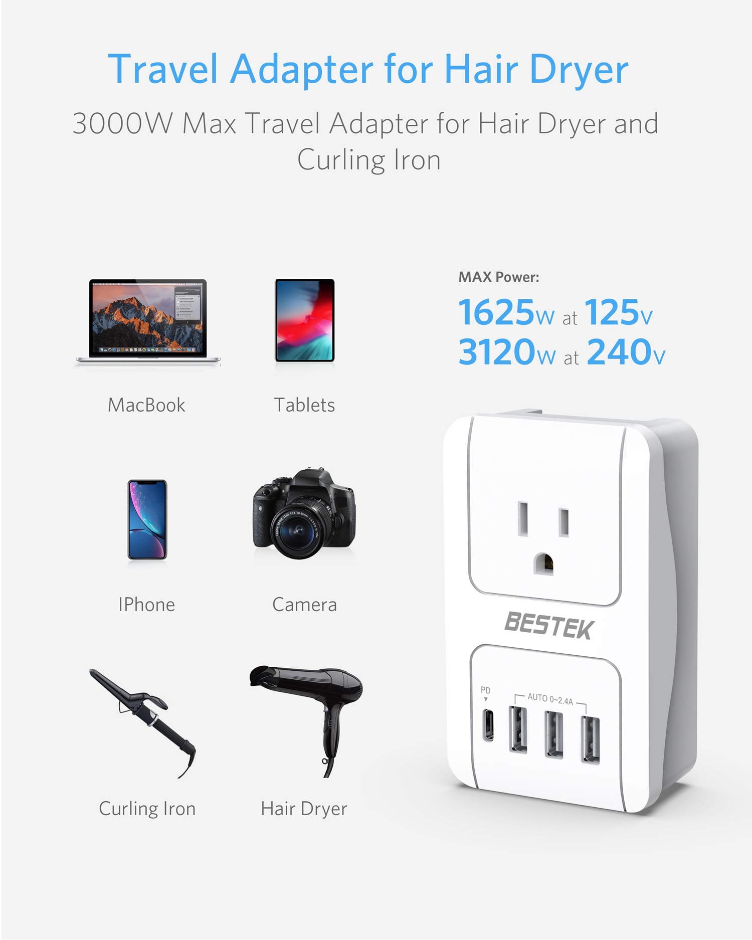 BESTEK International Travel Adapter, 3000W Travel Wall Charger with 4 Usb Ports (1 PD 35W) and 5 Worldwide Wall Plugs for Hair Dryer, Curling Iron (US, UK, AU, EU and Asia)