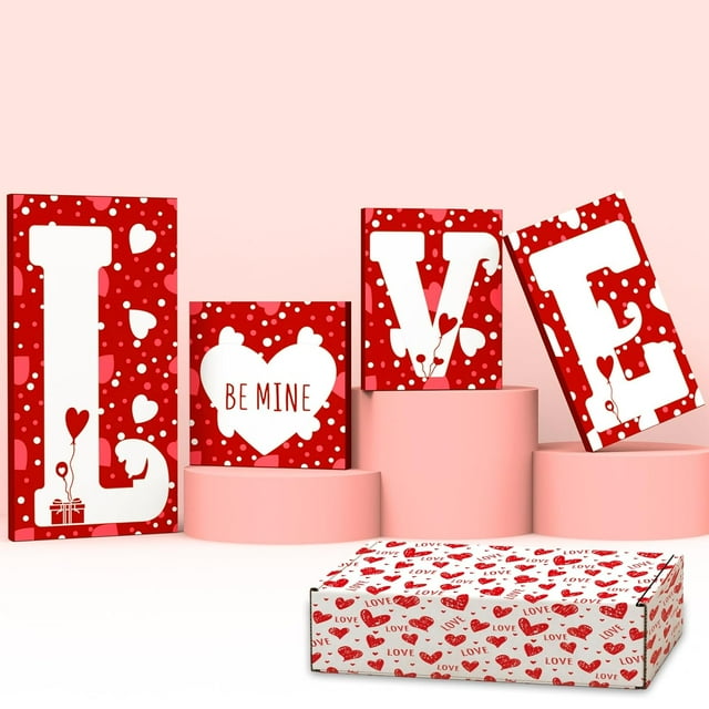 Valentine’s Day Decorations, 4PCS Rustic Tabletop LOVE Signs for Romantic Home Décor, Wedding, Anniversary, or Party Centerpiece, Valentine’s Gift for Couples