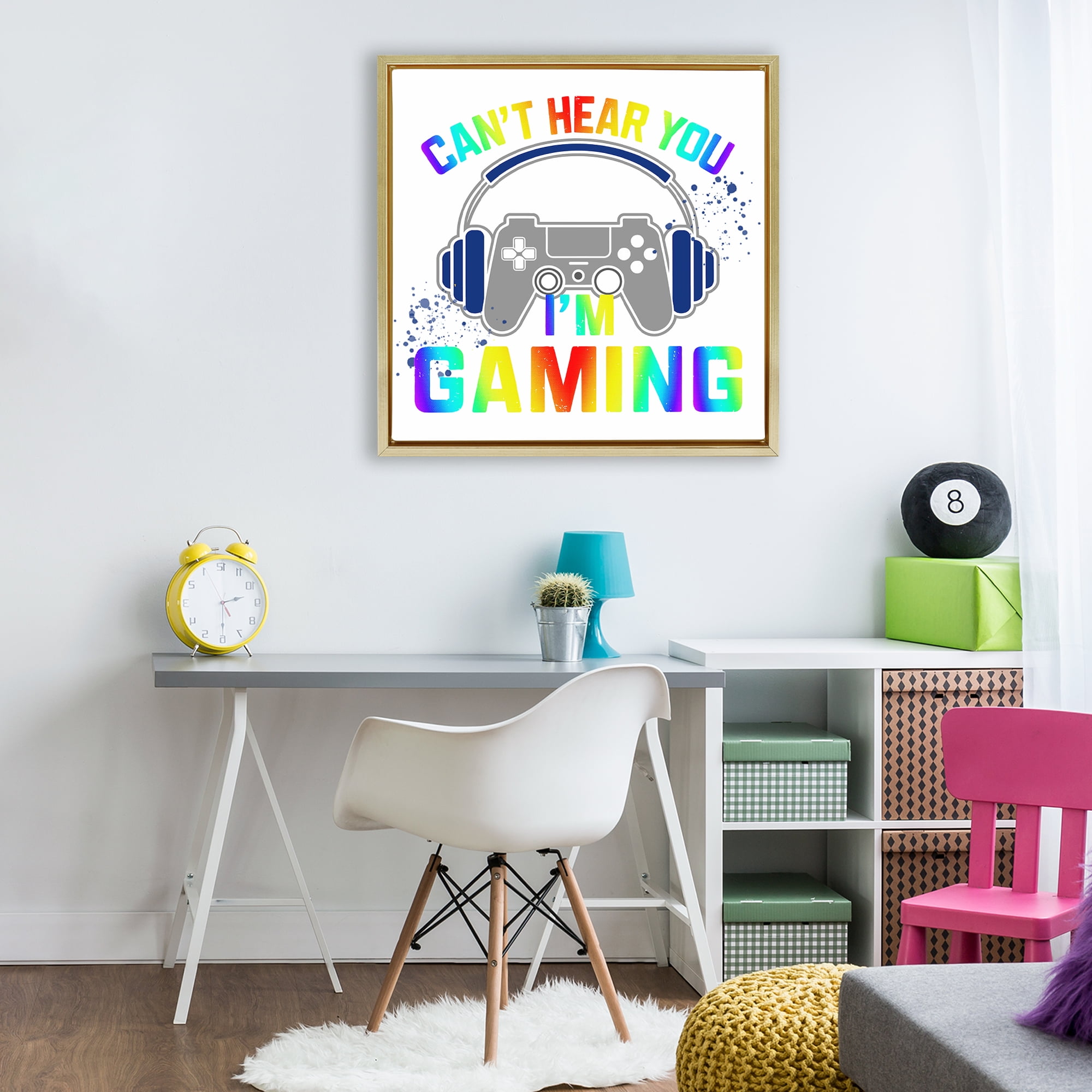 Rainbow Can't Hear You Gaming Gold Framed Floater Canvas Wall Art, design by Kim Allen