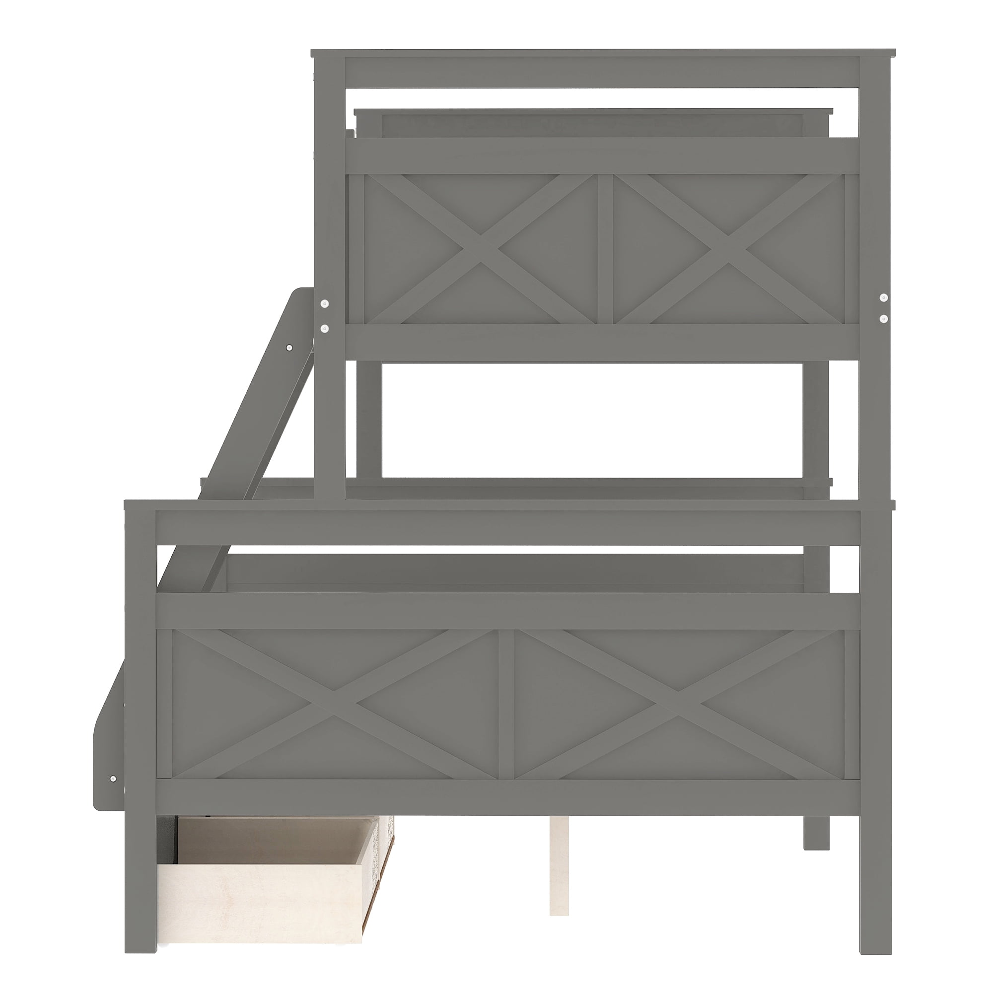 Euroco Modern Solid Wood Convertible Twin over Full Kids Bunk Bed Frame with Ladder, White, Gray