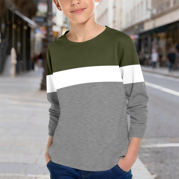 NAISIBABY Boys Shirt with Long Sleeve 10T, Crewneck Pullover Color Block Kids Cotton Causal Spring Tees Army Green (3-14T)