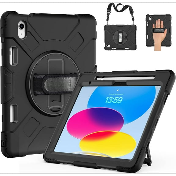 Case for iPad (A16) 11th/10th Generation 2022/2025, Full-Body Drop Protection Cover for iPad 10th Gen 10.9/11 inch with Screen Protector, 360° Rotate Stand, Shoulder Strap, Pencil Holder