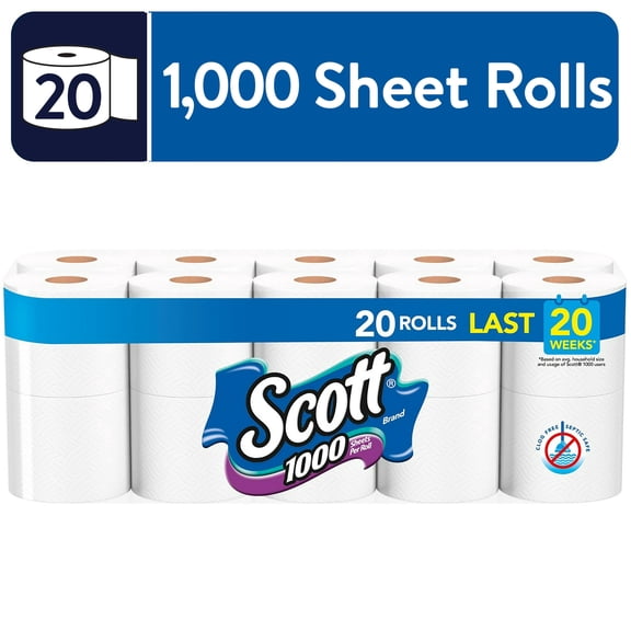 Scott 1000 Bathroom Tissue, Septic Safe, 1-Ply, White, 1,000 Sheet/Roll, 20/Pack, Each