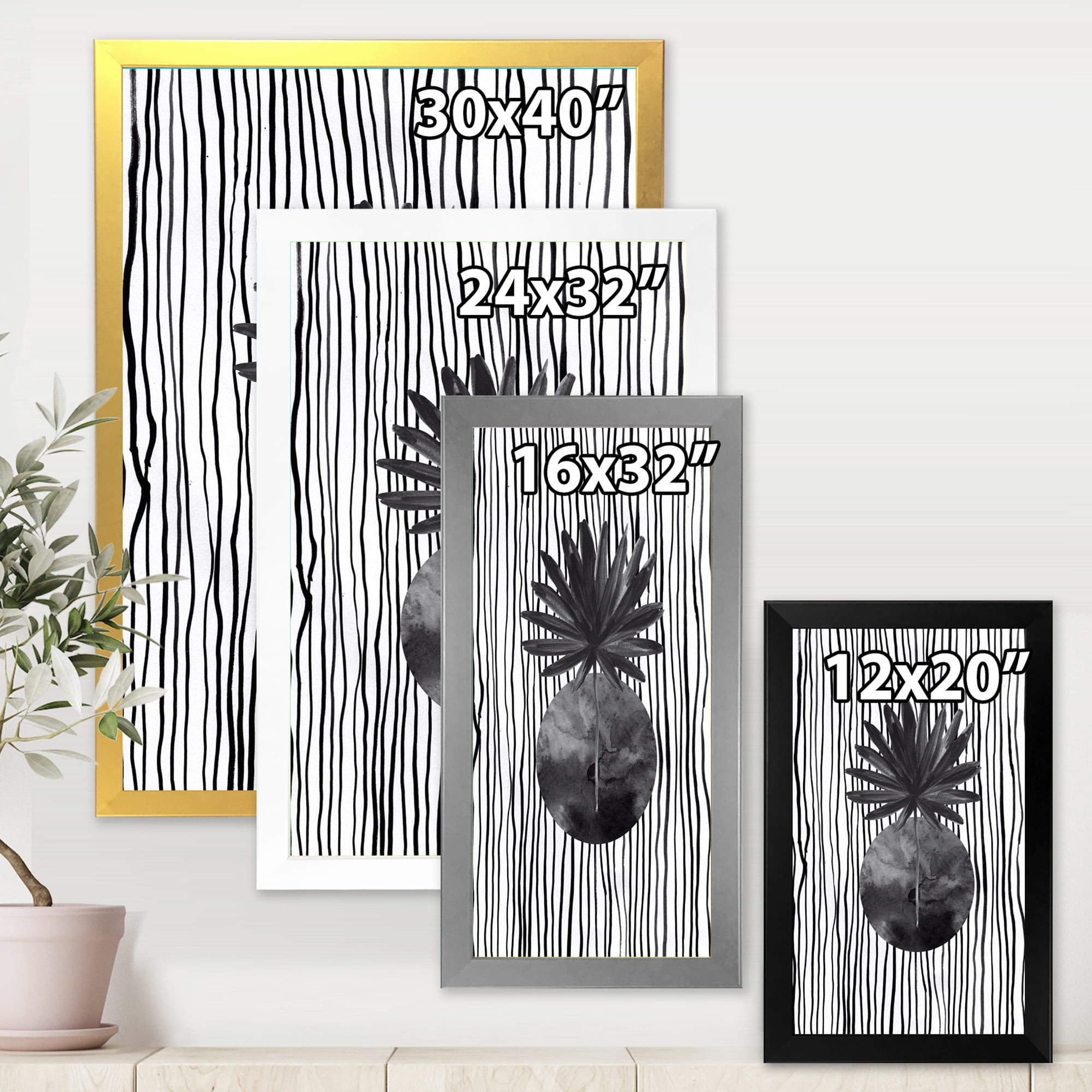 Designart 'Black and White Striped Under Tropical Leaf I' Modern Framed Art Print