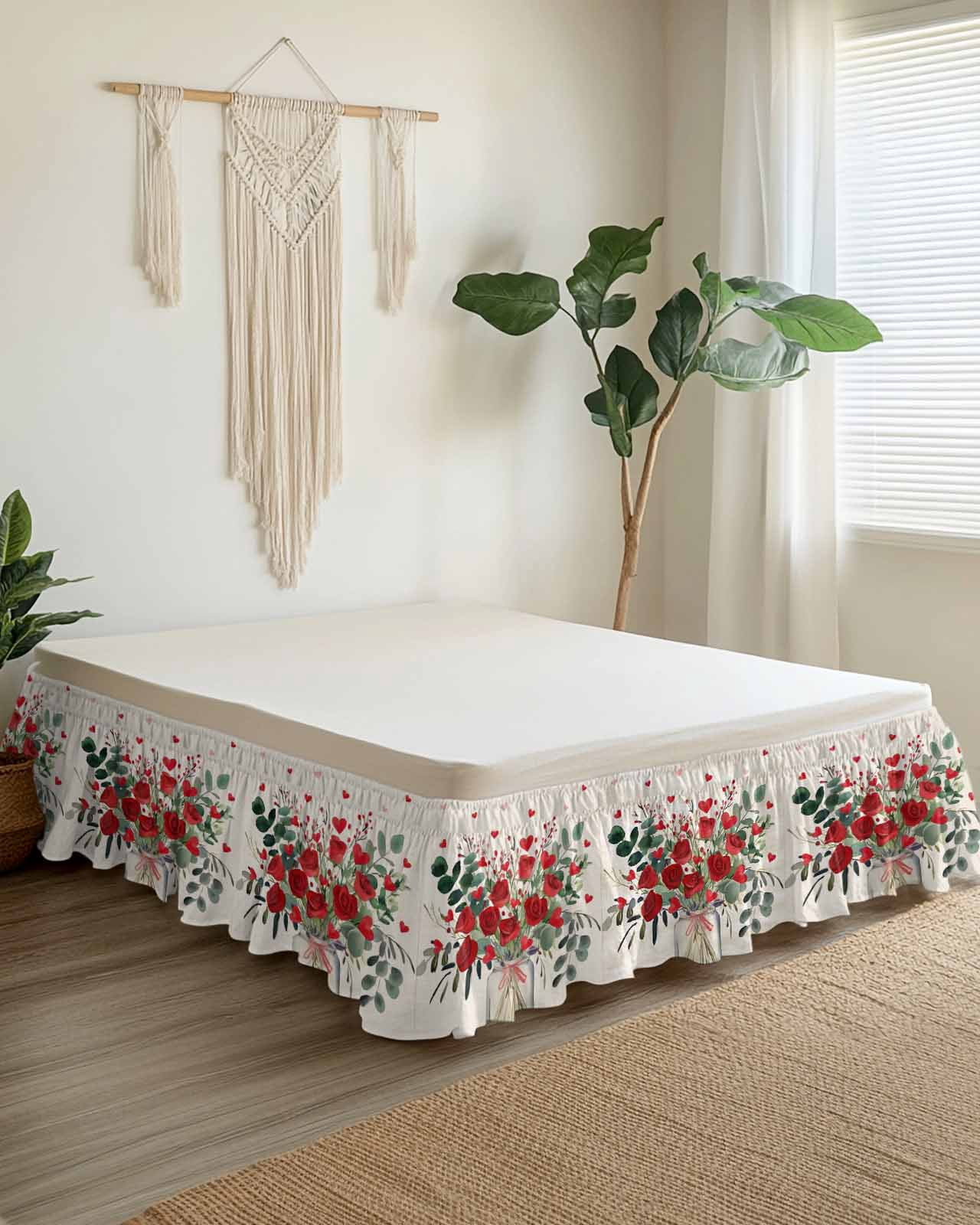 Red Rose Bed Skirt Queen Size 18 Inch Drop, Eucalyptus Leaf Floral Linen Texture Adjustable Elastic Dust Ruffles Bedskirt for Queen Bed Wrap Around Pleated Mattress Frame Cover