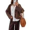 thumbnail image 3 of Women Chunky Knit Open Front Sweater Long Sleeve Button Loose Short Cardigan Outerwear Coats Brown L, 3 of 9