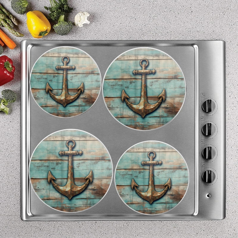 Bahomeck Gas Stove Burner Cover Set Of 4,Rustic Wood Background With Anchor And Nautical Elements Metal Electric Stove Burner Covers,Protecting Gas Stoves,Kitchen Decor，8 Inch And 10 Inch