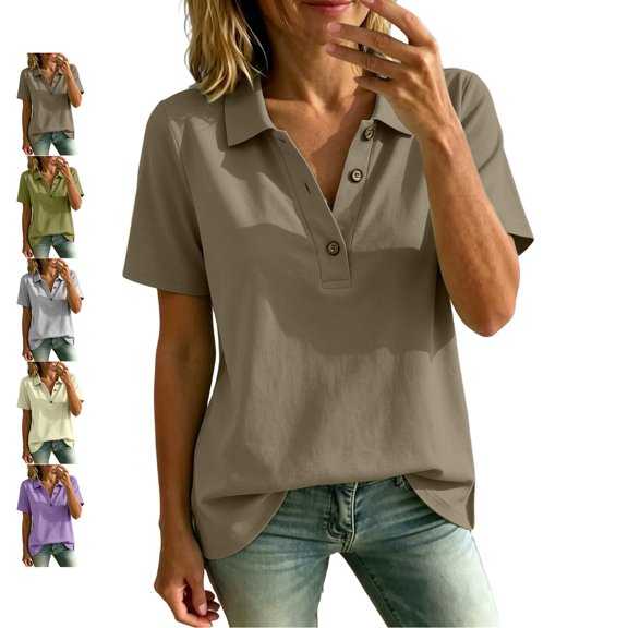 TGSLY Women's Work Golf Shirts Soft Breathable Collared Short Sleeve Tops Relaxed Dressy Casual Half Button Down Solid Color Blouses L