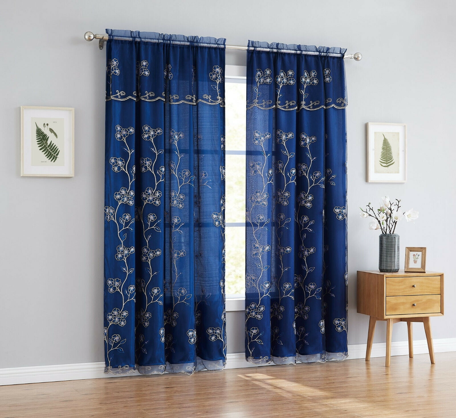 One Luxury Carly Embroidered Curtain Panel with Attached Valance, 54