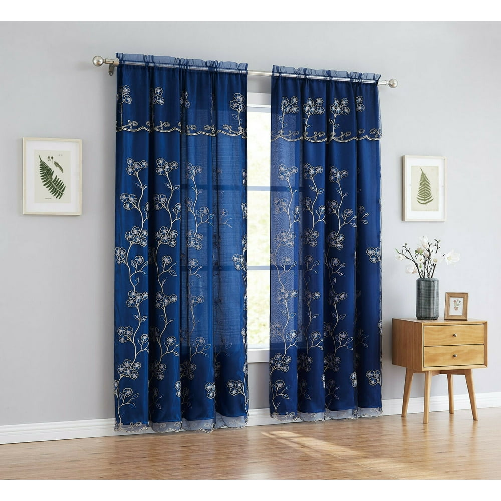 One Luxury Carly Embroidered Curtain Panel with Attached Valance, 54