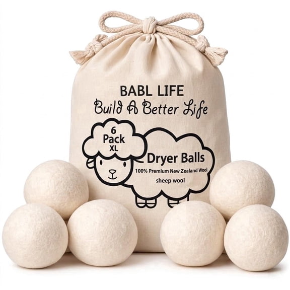 BABL LIFE Wool Dryer Balls 6 Pack XL, 3 Inch, 100% New Zealand Wool, Reusable Natural Fabric Softener for Towels and Bedding