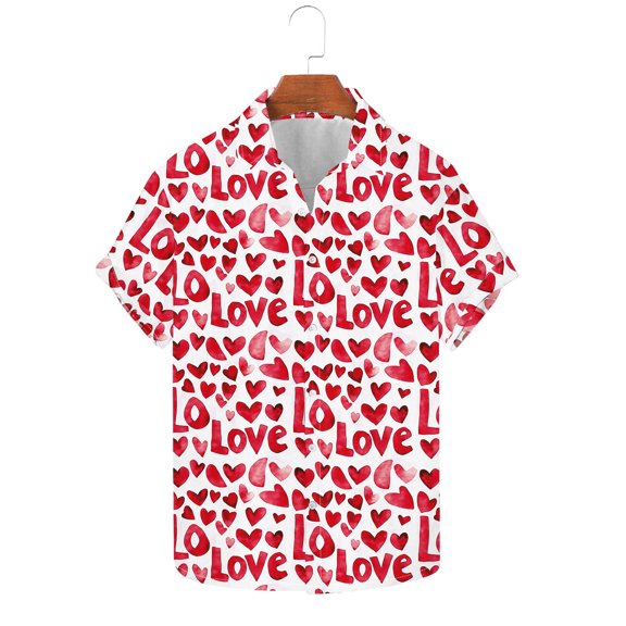 qucoqpe Valentine's Day Shirts for Men 2026 Spring Summer Fashion Heart Printed Turndown Neck Short Sleeve T-shirt Casual Loose Blouse Tee Tops