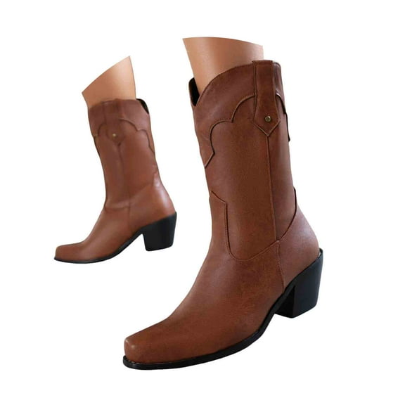 Chenyee Cowboy Boots for Women Comfortable Chunky Heel Square Toe Pull On Mid Calf Work Booties