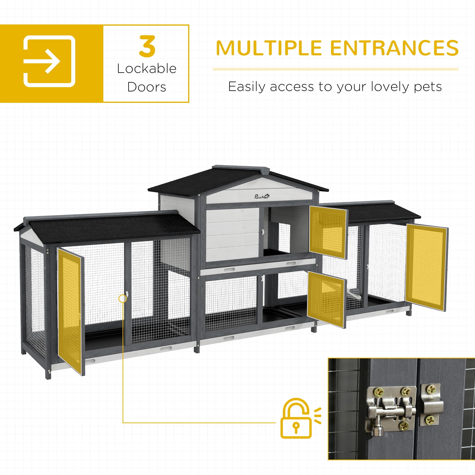 Dog Crate, PawHut 90.5" Wooden Rabbit Hutch Bunny Cage Pet Playpen House Enclosure with Double Side Run Boxes, No Leak Tray, Ramp, for Guinea Pig and Small Animals, Light Gray, Gray Pet Playpen