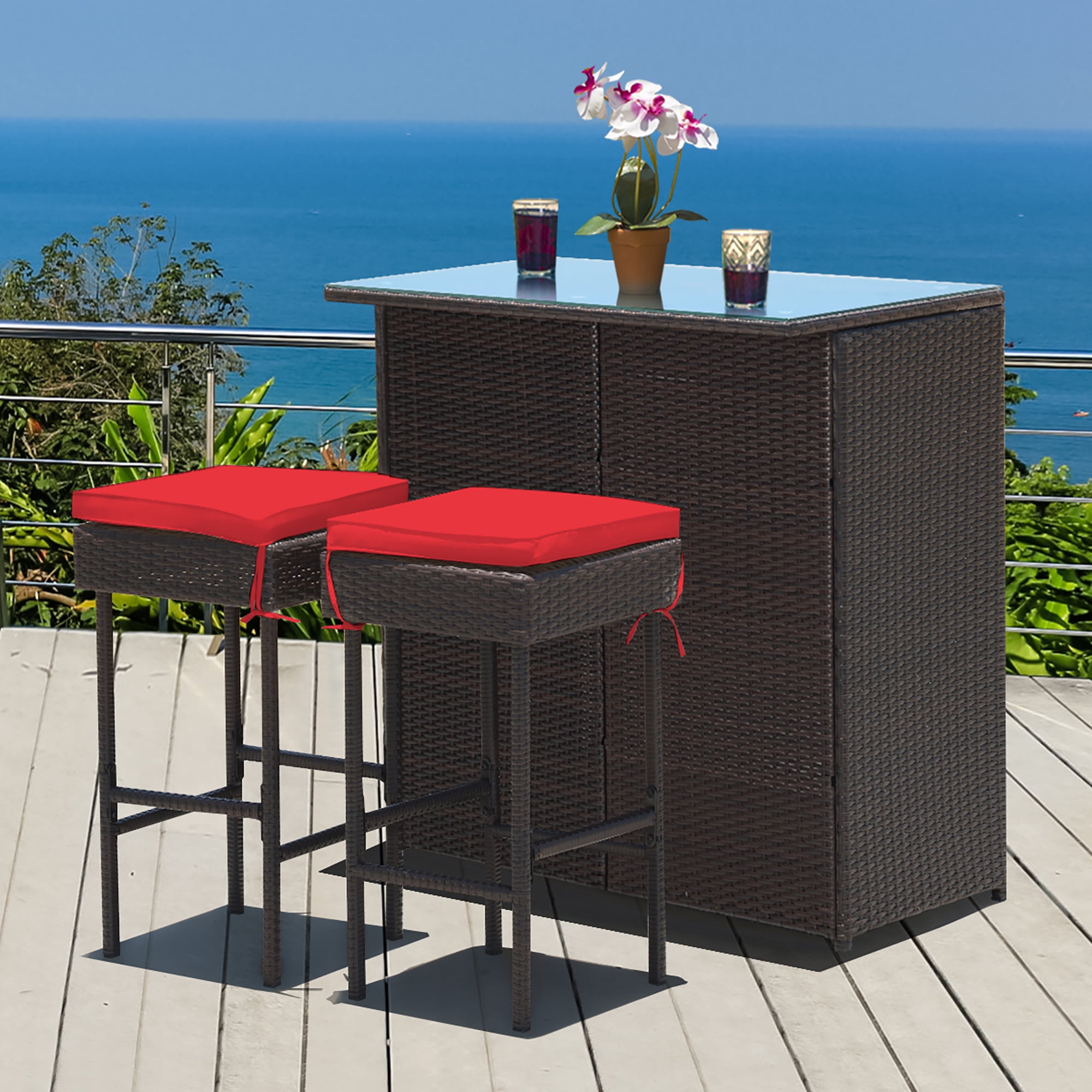 Costway 3PCS Patio Rattan Wicker Bar Table Stools Dining Set Cushioned Chairs Garden Red Walmart