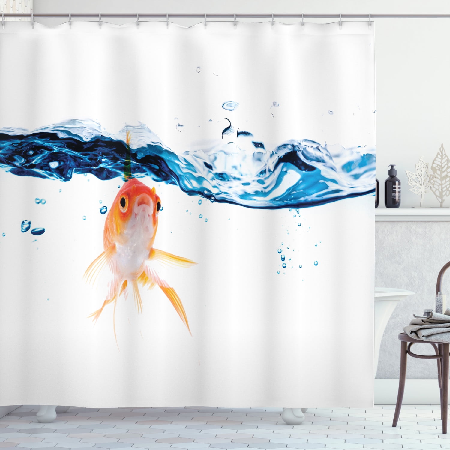 Fish Pattern Shower Curtain Fabric Decor Set with Hooks 4 Sizes 