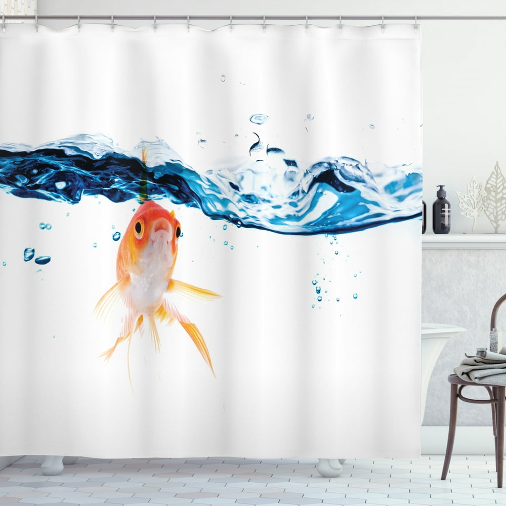 Fish Shower Curtain, Goldfish Swimming Under Surface of Clear Water Fishbowl Liquid Motion