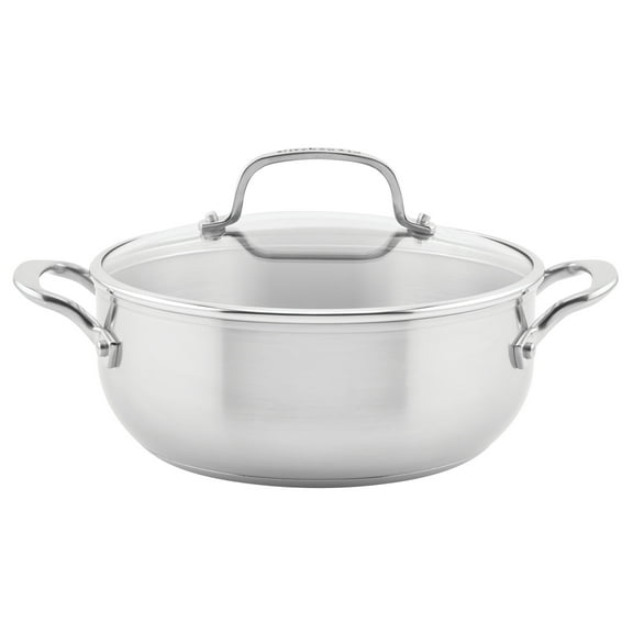 KitchenAid 3-Ply Base 4 Quart Stainless Steel Induction Casserole with Lid, Metal Utensil and Dishwasher Safe and Oven Safe to 500°F, Brushed Stainless Steel