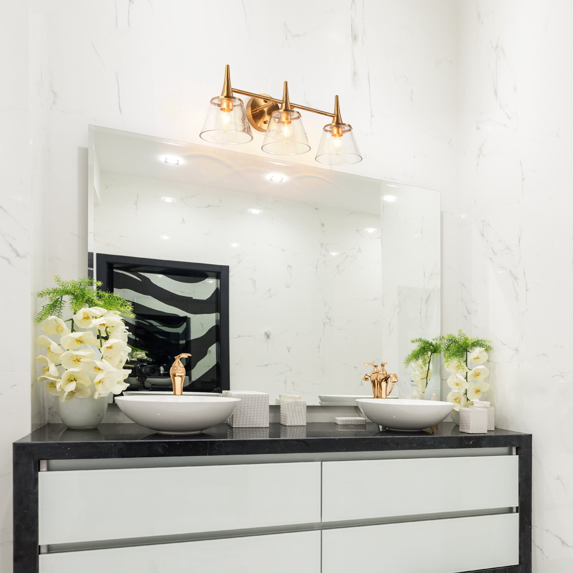LNC Gold 3-Light Bathroom Vanity Light with Seeded Glass Conical Shades, Dimmable