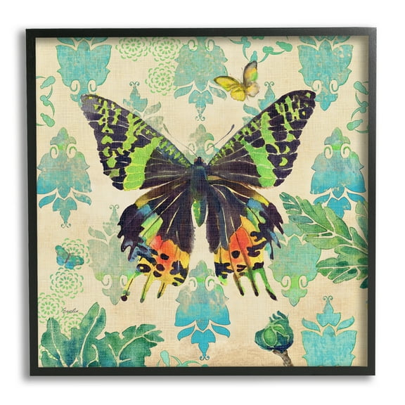 Stupell Turquoise Butterfly Damask Pattern Animals & Insects Painting Black Framed Art Print Wall Art