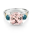 thumbnail image 2 of Gem Stone King 925 Silver and 10K Yellow Gold Peach Nano Morganite and London Blue Topaz 3 Stone Ring for Women (4.98 Cttw, Gemstone October Birthstone, Cushion 10MM, Round 4MM, Size 6), 2 of 3