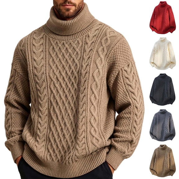 Fanshiluo Men's Turtleneck Cable Knit Sweater, Long Sleeve Pullover Knit Top,Size L,Big and Tall Men
