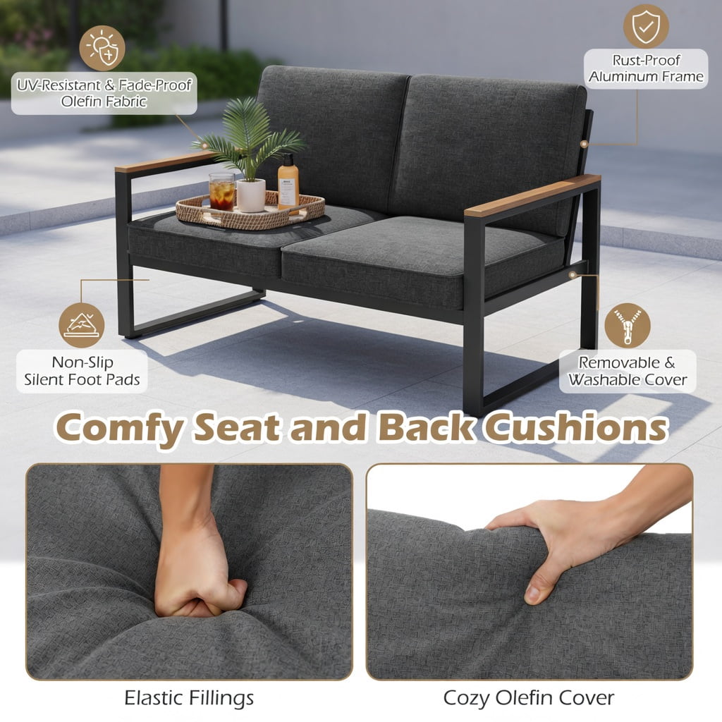 Hommoo 2-Piece Aluminum Patio Furniture Set, Cushioned Loveseat & Coffee Table with Wood-Plastic Armrests and Tabletop, Rust-Resistant Outdoor Seating for Backyard, Porch, Poolside, Gray