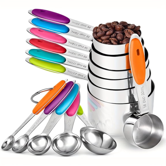 Minteem 12-Piece Stainless Steel Measuring Cups and Spoons Set with black Silicone Handles