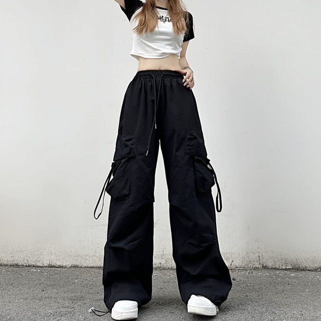 Pantalones cargo Rimocy Hip Hop con bolsillos grandes para mujer 2023, pantalones holgados de cintura alta con cordón, ropa de calle para mujer, pantalones deportivos de pierna ancha Y2K