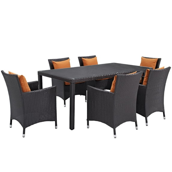 Modern Contemporary Urban Design Outdoor Patio Balcony Seven PCS Dining Chairs and Table Set, Orange, Rattan