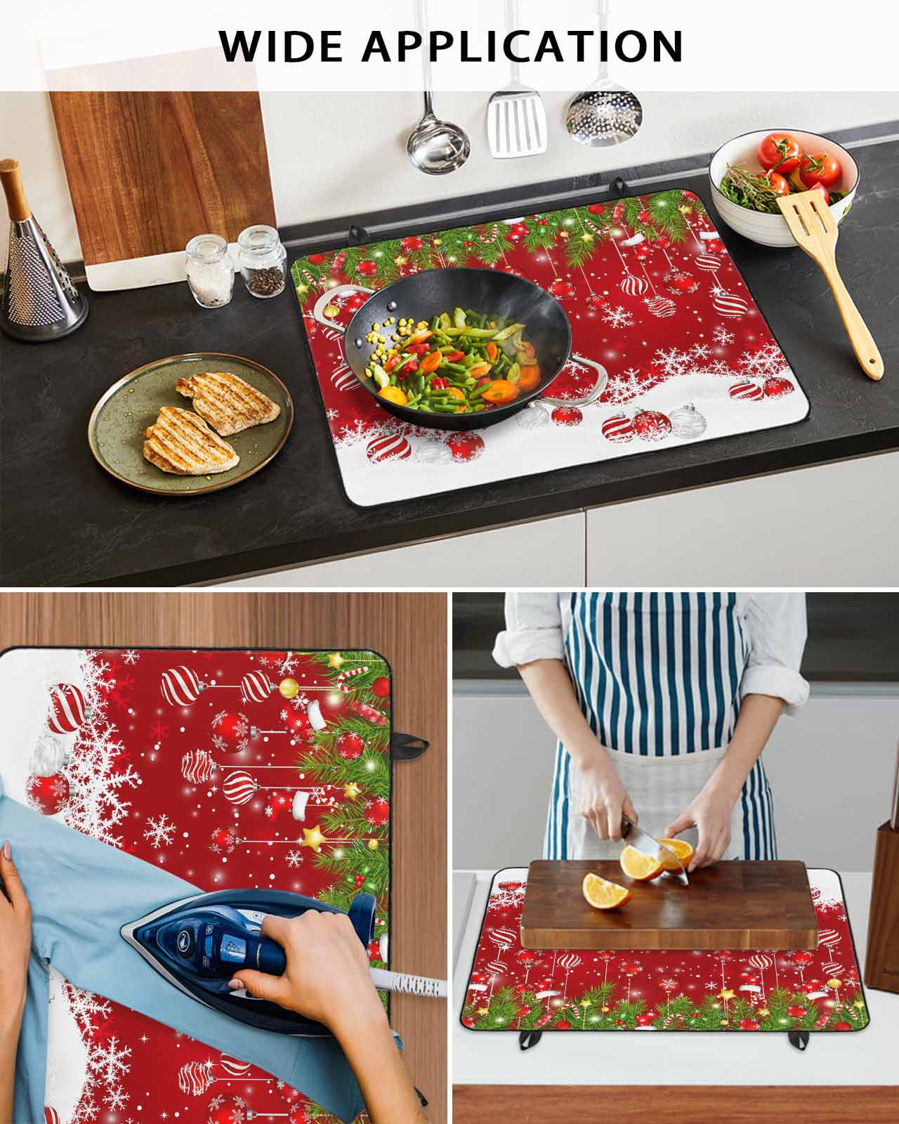 Large Induction Cooktop Protector Mat Christmas Stove Top Covers for Electric Stove, Red Xmas Weeping Balls Green Branches Snowflakes Decorative Stove Burner Cover Mats, Glass Top Stove Cover