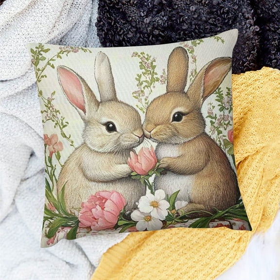 PRATYUS Easter Spring Pillow Covers Decoration,Farmhouse Rabbit Bunny Flower Easter Throw Pillows Cushion Case Couch Decor for Spring Home Outdoor Decor 18x18in