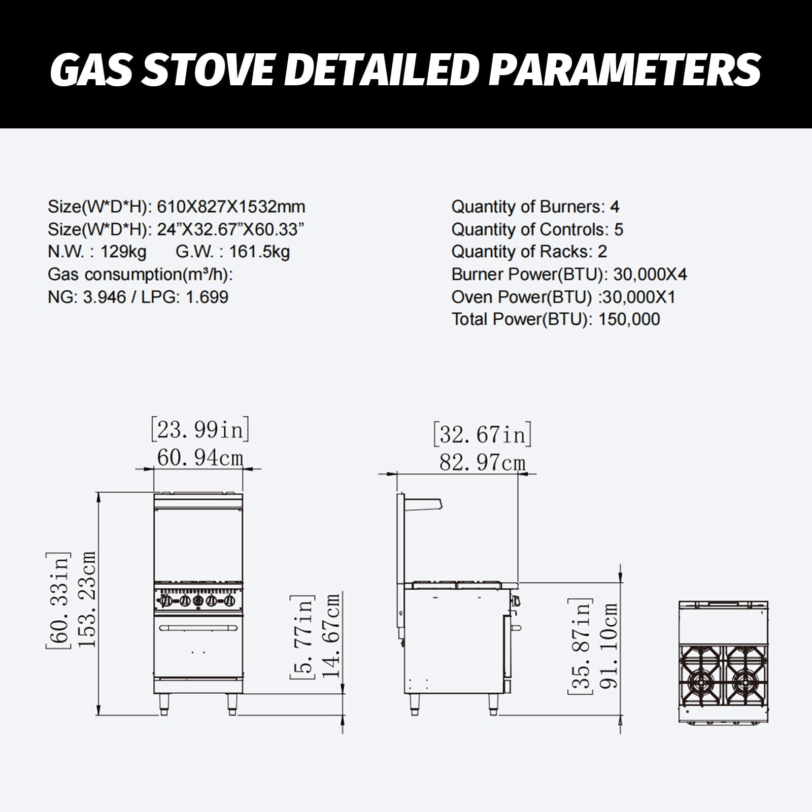 Hakka 24" Gas Range Stove With 4 Powerful Burners For Commercial Kitchens