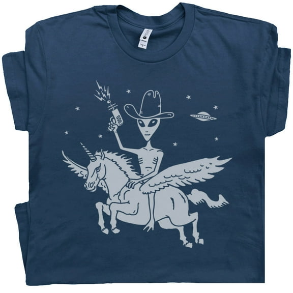 Alien Riding Unicorn T Shirt Funny Vintage UFO Shirts for Men Women Retro Flying Saucer Graphic Tee Unique Cryptozoology