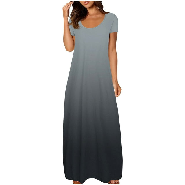 Womens Gradient Maxi Dresses Plus Size Long Dresses Crew Neck Short Sleeve Casual Nightgowns Loose Sundresses Gray, M