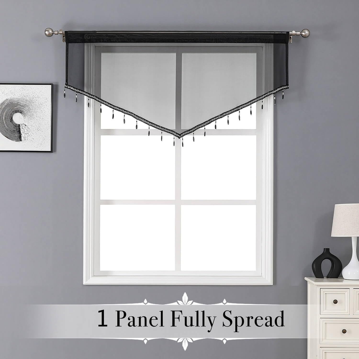 Kiibsot 3-Pack Halloween Beaded Sheer Valance Curtains for Windows, Triangle Sheer Voile Kitchen Swag Curtain Valances Boho Bead Tassels Window Valances for Bedroom Living Room, Each 51 x 24 Inch
