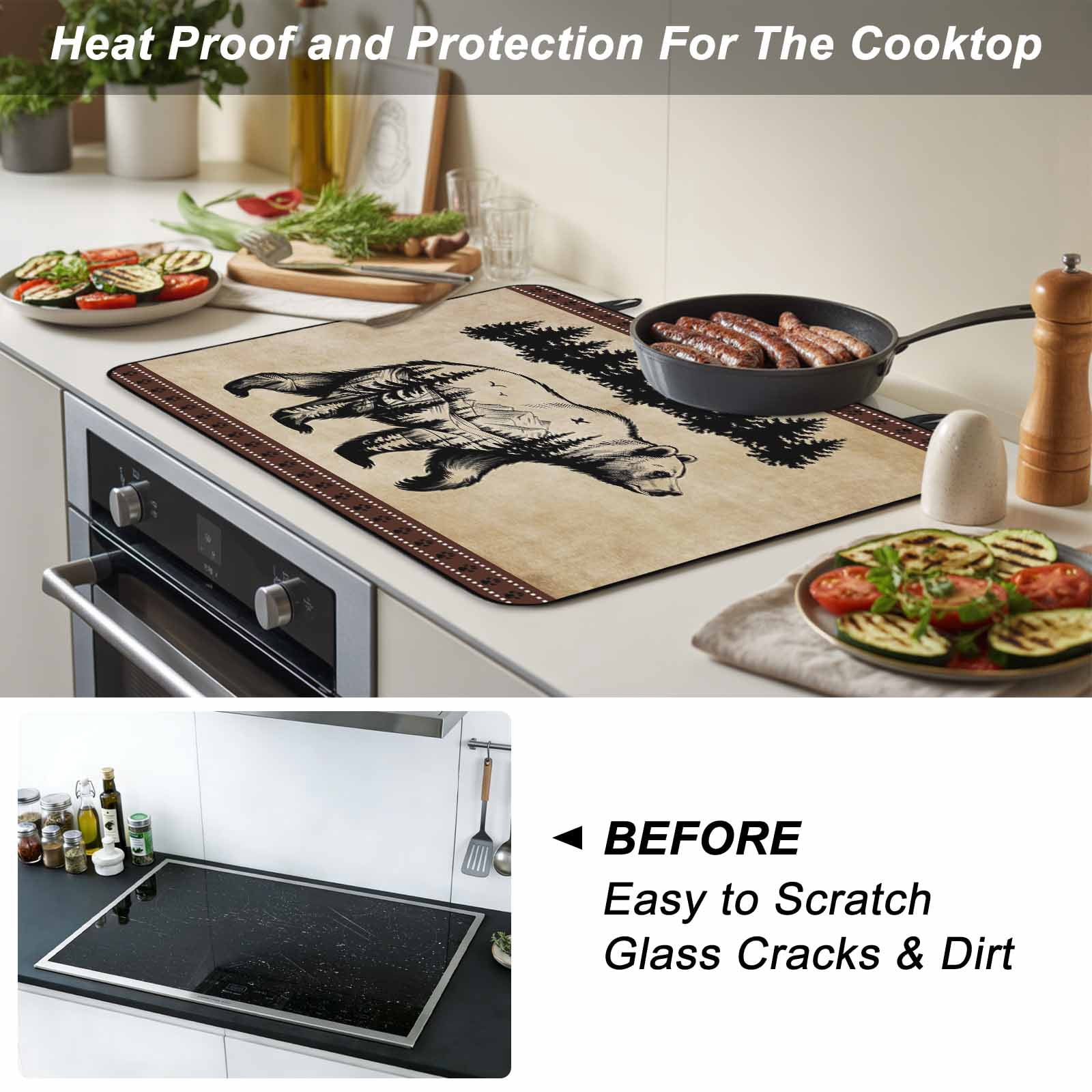 Brown Black Bear Stove Top Cover for Electric Stove, Heat-proof & Non Slip Glass Top Stove Cover Protector, Farmhouse Cabin Forest Vintage Kitchen Flat Cooktop Rubber Mat 24x21 Inches