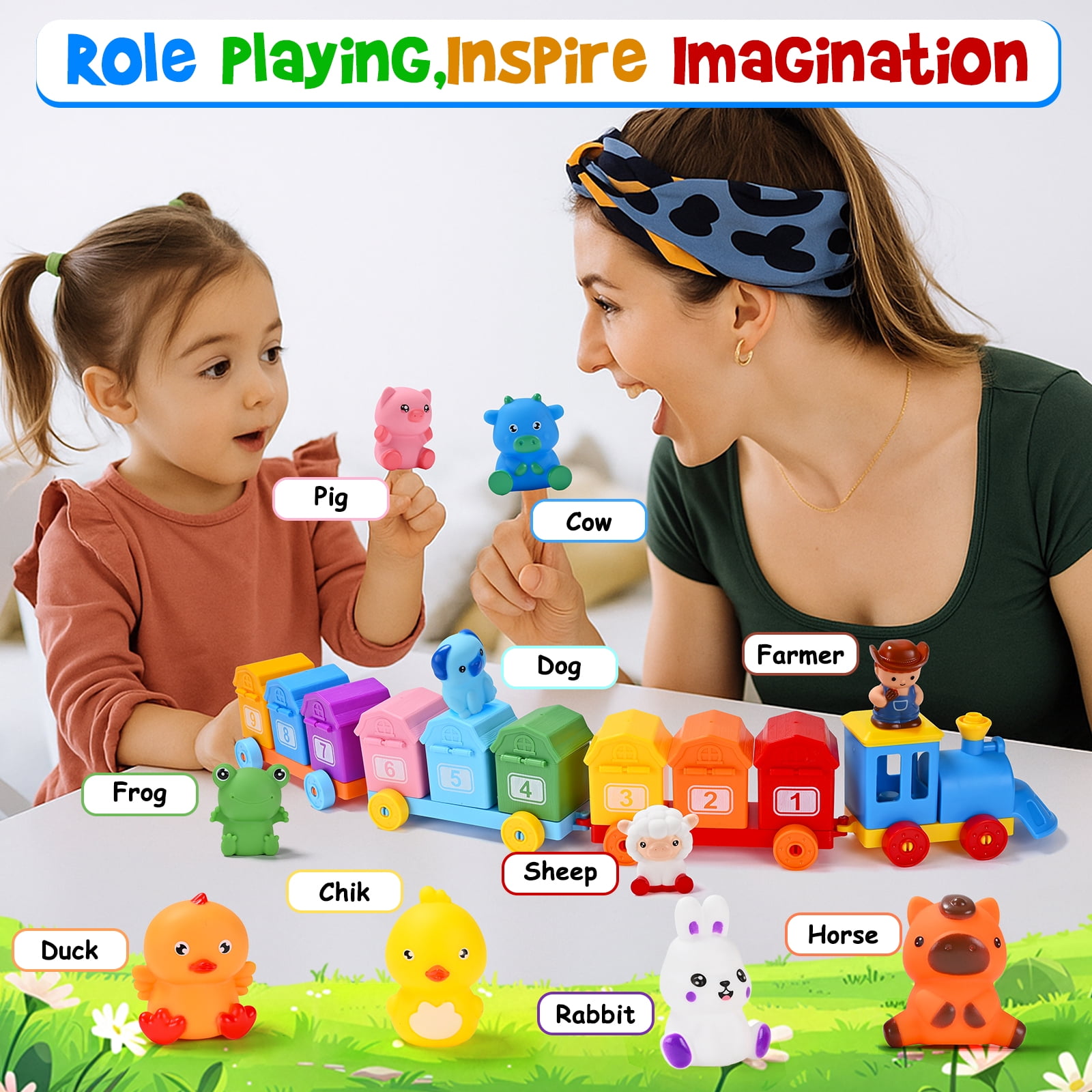 IYHN Farm Train Learning Toy, Counting, Matching & Sorting Montessori Learning Animal Set Including 9 Farm Animals and 1 Farmer, Easter Christmas Birthday Gift for for Toddlers