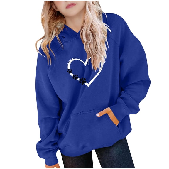 Hrsba Girls Boys Hooded Sweatshirt Unisex Fall Winter Top Kids Round Neck Shirt Long Sleeve Raglan Sleeve Hooded Sweatshirt for 5-15 Years Kids Winter Heart Print with Pockets