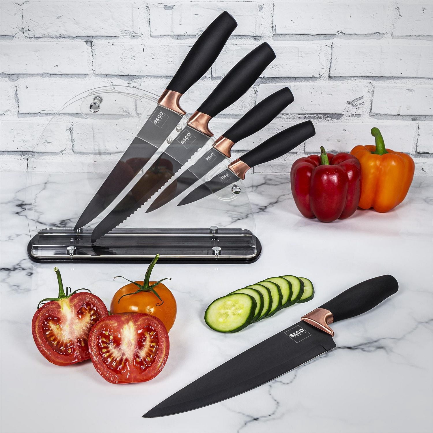 Safdie & Co. Knife 6PC Set With Acrylic Stand Black Matt
