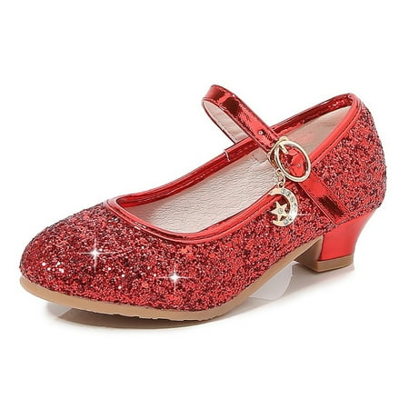 

baozhu Flower Girls Mary Jane Bridesmaids Dress Shoes Toddler Kids Wedding Party Sparkle High Heel Princess Shoes Glitter Flat Shoes