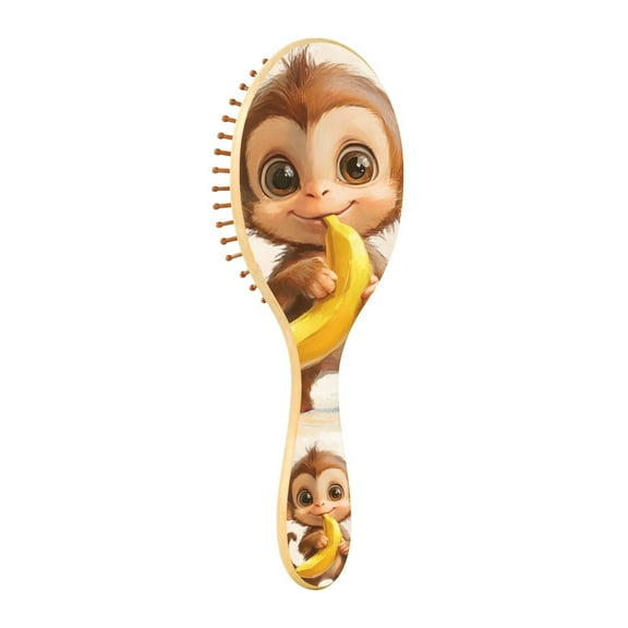 JSTEL Cute Monkey Banana Hair Brush for Women Men Natural Wood Detangler Brushes for All Hair Types Hairbrush for Wet & Dry