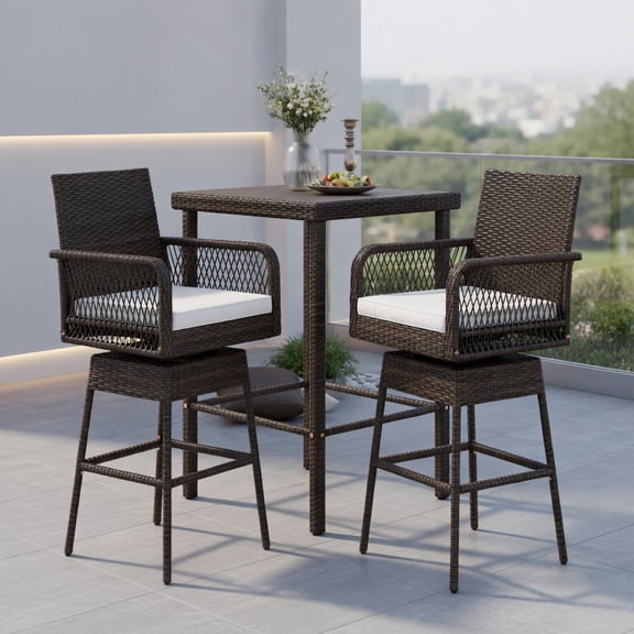 Resenkos 29 Inch White Swivel Patio Bar Stool with Cross-Woven PE Rattan Seat, Off-White Cushion & Ergonomic Armrests – 400 lb Capacity, 360° Rotation for Backyard, Poolside & Porch