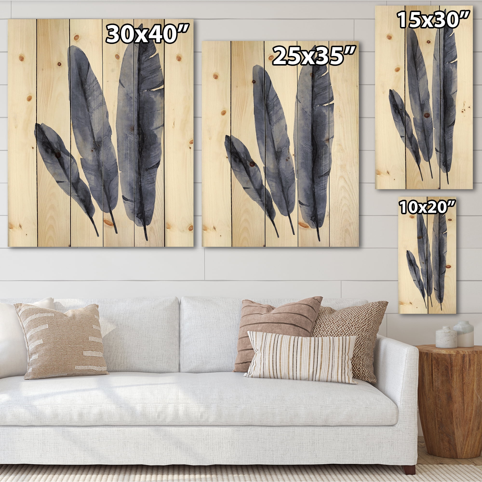 Designart 'Navy Blue Tropical Banana Leaves On White' Tropical Print on Natural Pine Wood