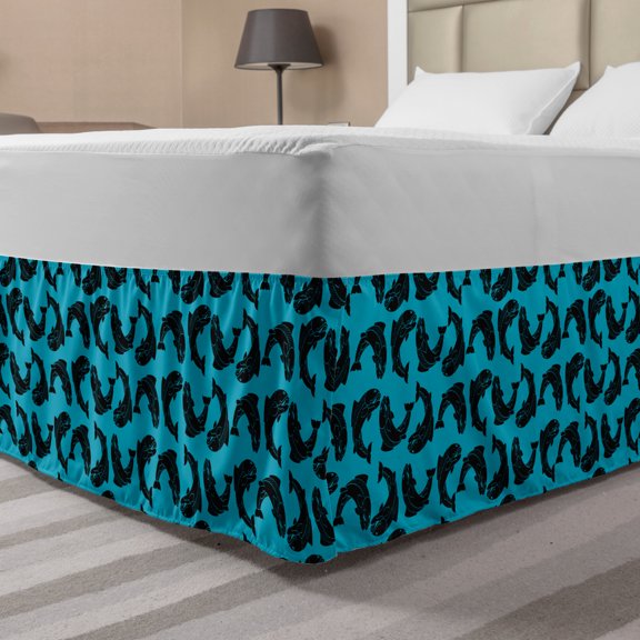 Fish Bed Skirt, Repetitive Salmon Trout Silhouettes Marine-Themed Underwater Pattern, Elastic Bedskirt Dust Ruffle Wrap Around for Bedding Decor, 4 Sizes, Charcoal Grey and Sky Blue, by Ambesonne